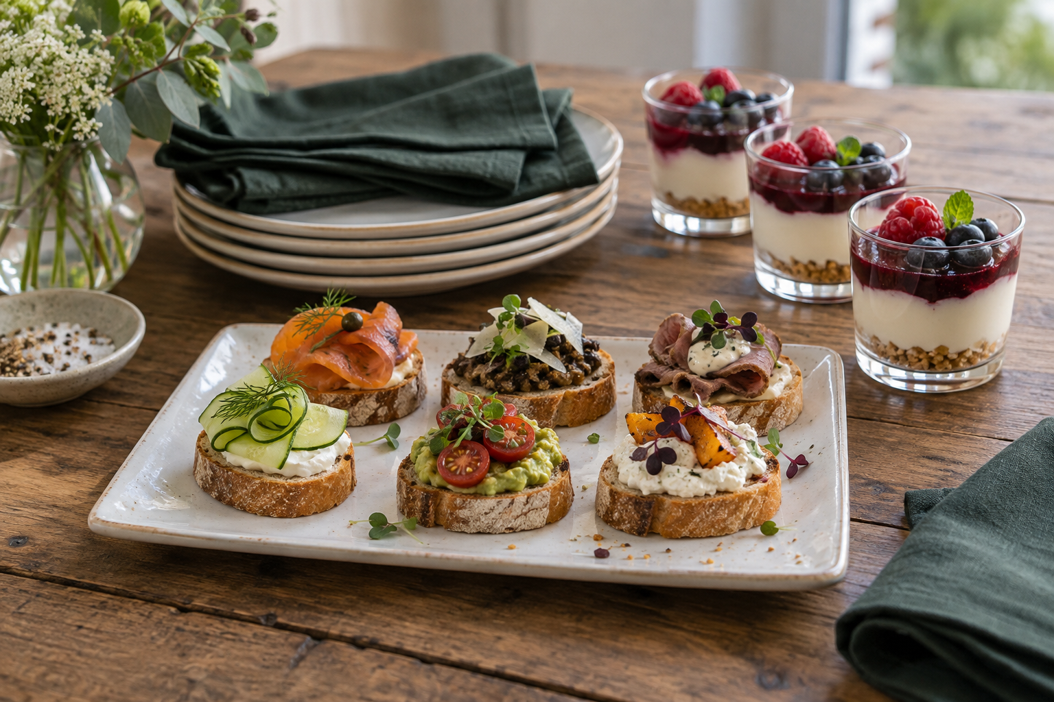 Illustratives Catering-Motiv mit kleinen Häppchen, Dessertgläsern und gedecktem Geschirr