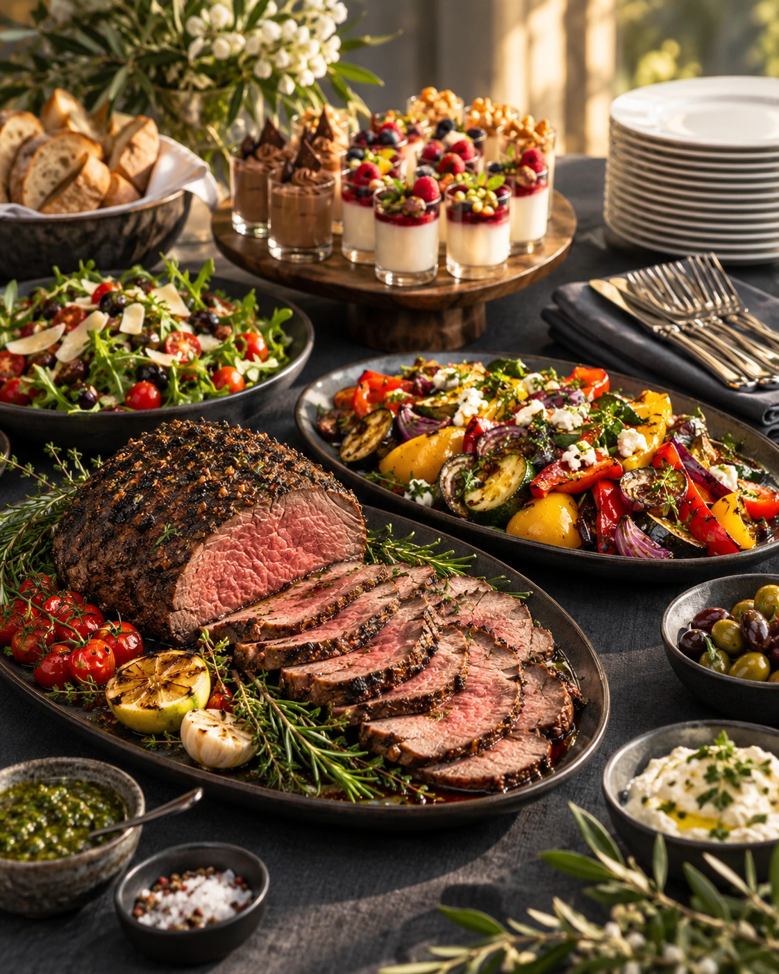 Illustratives Catering-Motiv mit angerichteten Speisen und Desserts